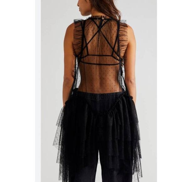 New Free people MIA Mesh Maxi Top $148 MEDIUM Black DROPPED WAIST Ruffled Tiered - Picture 3 of 6
